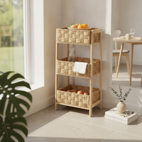 Three-Tier Storage Rack Wood Woven Basket Organizer Space-Saving Floor-Standing Storage Rack