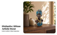 Blue Patterned African Woman Bust Sculpture Dark Brown Resin Decorative Bust Textured African Female Sculpture Gold-Tone