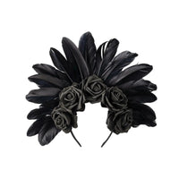 Dark Bride Headpiece Artificial Roses Black Feather Red Rose Headband Dramatic Look Halloween Flower Headdress for Women, Performances, Photo Shoots