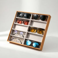 Wood-Grain Sunglasses Display Case 10-Slot Eyeglass Display Box Slanted Sunglass Organizer Upright for Retailers, Collectors, Retail Counter, Dresser, Optical Shop