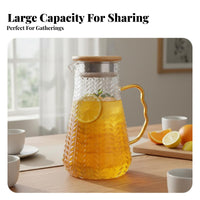 Easy to Clean Wheat Pattern Glass Jug Food Grade Materials Hammered Glass Pitcher with Lid Elegant Design for Families, Hosts, Kitchen, Home