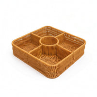 Handwoven Woven Fruit Basket with Lid Rattan-Style Divided Basket with Lid Low-Height Woven Organizer with Cover Square for Dining Table, Kitchen, Living Room
