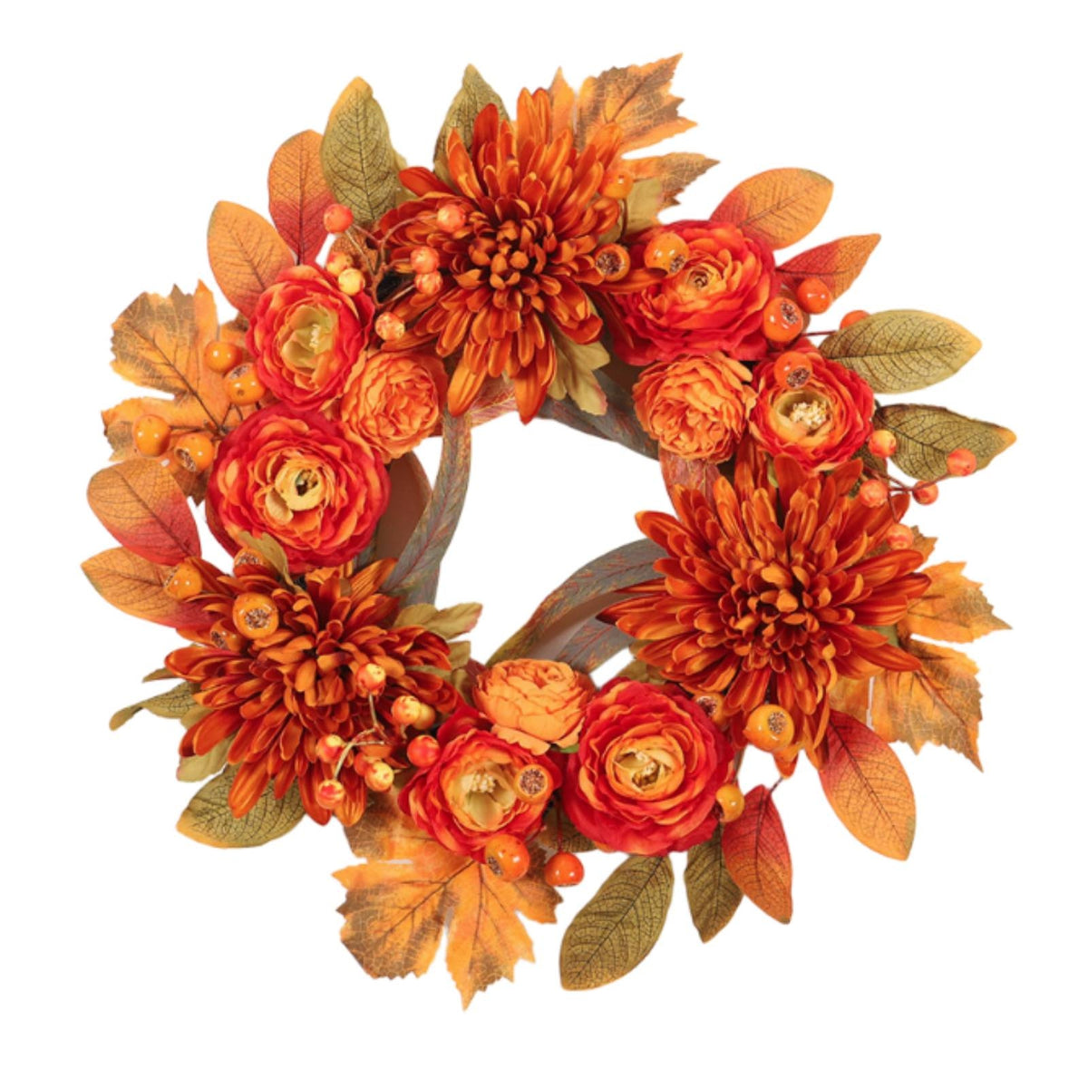 Wreath with Chrysanthemums Autumn Wreath with Maple Leaves Artificial for Thanksgiving