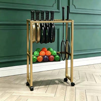 Wheeled Sports Storage Rack with Wheels Freestanding Racket Holder with Basket Large Capacity Sports Equipment Storage Rack Space-Saving for Coaches