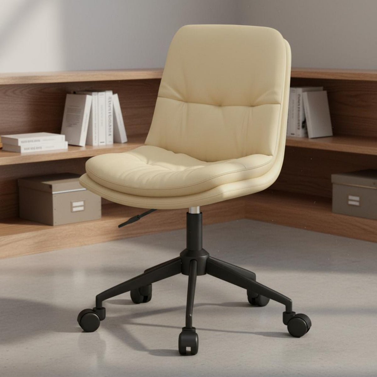 Padded Cushion Upholstered Swivel Vanity Chair Ergonomic Support Upholstered Bedroom Vanity Stool Nordic Design Armless Rolling Computer Chair for Women, Students