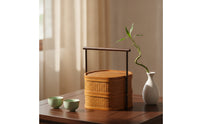 Handmade Double-Layer Bamboo Basket Natural Basket with Handle and Lid Vintage Multi-Purpose for Tea Lovers