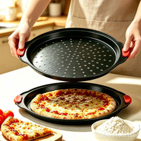 DIY Perforated Thickened Carbon Steel Pizza Pan with Silicone Ears, Non-Stick Easy Release, Round Baking Tray