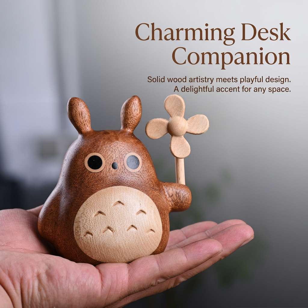 Wooden Animal Figurines Desktop Decor, Handcrafted Wooden Ornaments with Detachable Windmill, Compact Miniature Wooden Animal Figurines, Beech Maple Walnut Wood Sculptures, Office Desk Bedroom Shelf