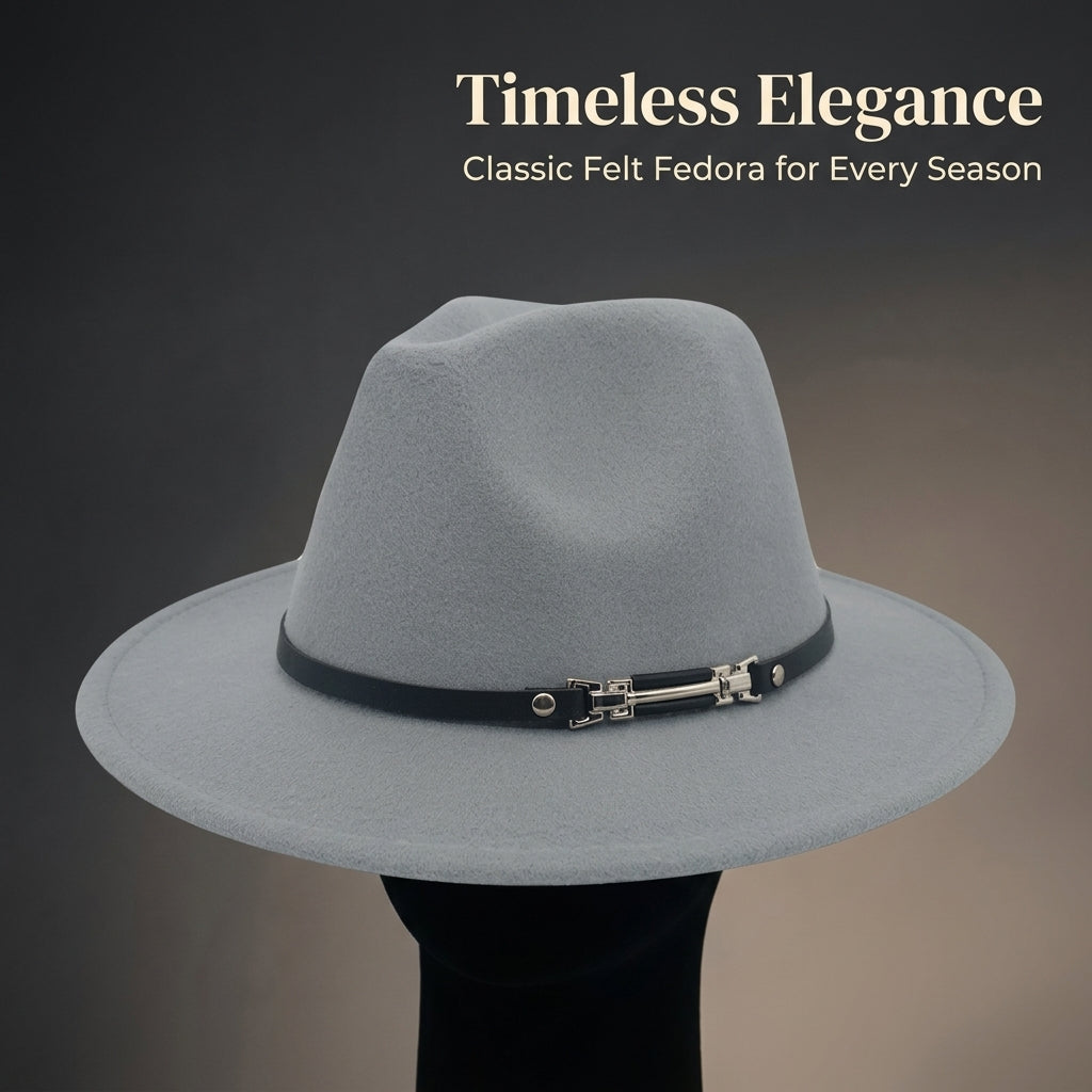 Fedora Hat for Men and Women with Wide Brim and Belt Buckle Detail, Wool Felt Jazz for Autumn Winter Wear, Adjustable Sizing Classic Round Crown