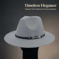 Fedora Hat for Men and Women with Wide Brim and Belt Buckle Detail, Wool Felt Jazz for Autumn Winter Wear, Adjustable Sizing Classic Round Crown