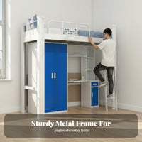 Student Dormitory Bed Space Saving Loft Bed with Desk and Wardrobe Full-Length Guardrails Bedroom Furniture for Students, Dorm Room, Small Apartment