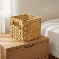 Faux Rattan Basket Handwoven Woven Storage Basket Woven Organizer Bin Compact Natural-Style for Desk, Shelf