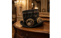 Bronze Accents Steampunk Top Hat Layered Brim Goggle Top Hat Braided Trim Headpiece Gears Decoration