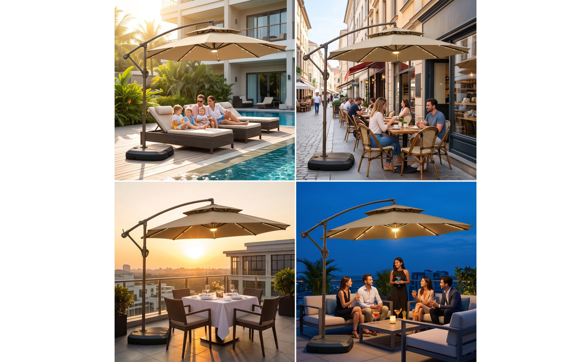 Cantilever Umbrella with Wheeled Base Commercial Offset Patio Umbrella with Light Heavy-Duty for Restaurants, Cafes, Patios, Terraces, Storefronts