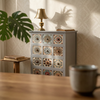 Wooden Storage Cabinet Geometric Vintage Cabinet Wooden Sideboard Tile-Like Sturdy Legs Decorative