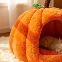Pumpkin Cat Beds for Indoor Cats, Dog Bed with Hood and Thermal Padding, Small Dog Washable Bed with Removable Cushion and Waterproof Base