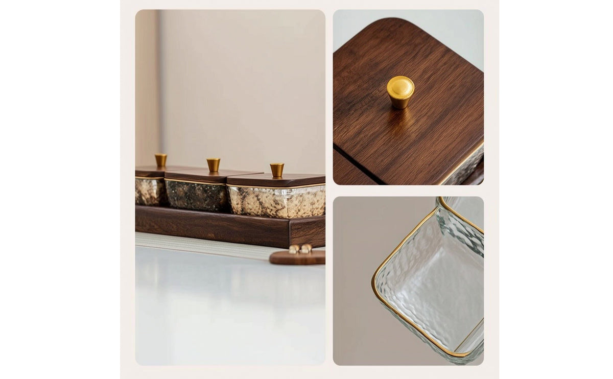Wood Snack Tray with Bowls Elegant Serving Tray with Glass Bowls Textured Clear for Hosts, Tea Time, Coffee Breaks