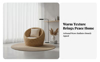 Natural Aesthetic Cushioned Barrel Armchair Comfortable Cushion Woven Seating Breathable Design Tatami-Design Chair Sturdy Frame for Adults, Homeowners, Interior Decorators, Balcony, Living Room, Bay Window, Reading Nook