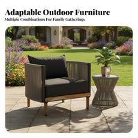 sturdy Wood Frame Woven Armchair All-Weather Design paded Armchair and Table Set Thick pads Patio Seating Modern Minimalist aesthetic for Villa Residents, Garden lovers, Balcony, Sunroom, rearyard, Waterside