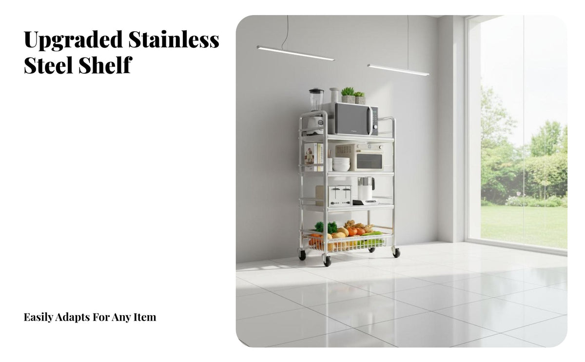 Multi-Tier Vegetable Basket Stand Multifunctional Multi-Tier Storage Rack Detachable Baskets Microwave Stand with Wheels for Pantry, Dorm Room, Office