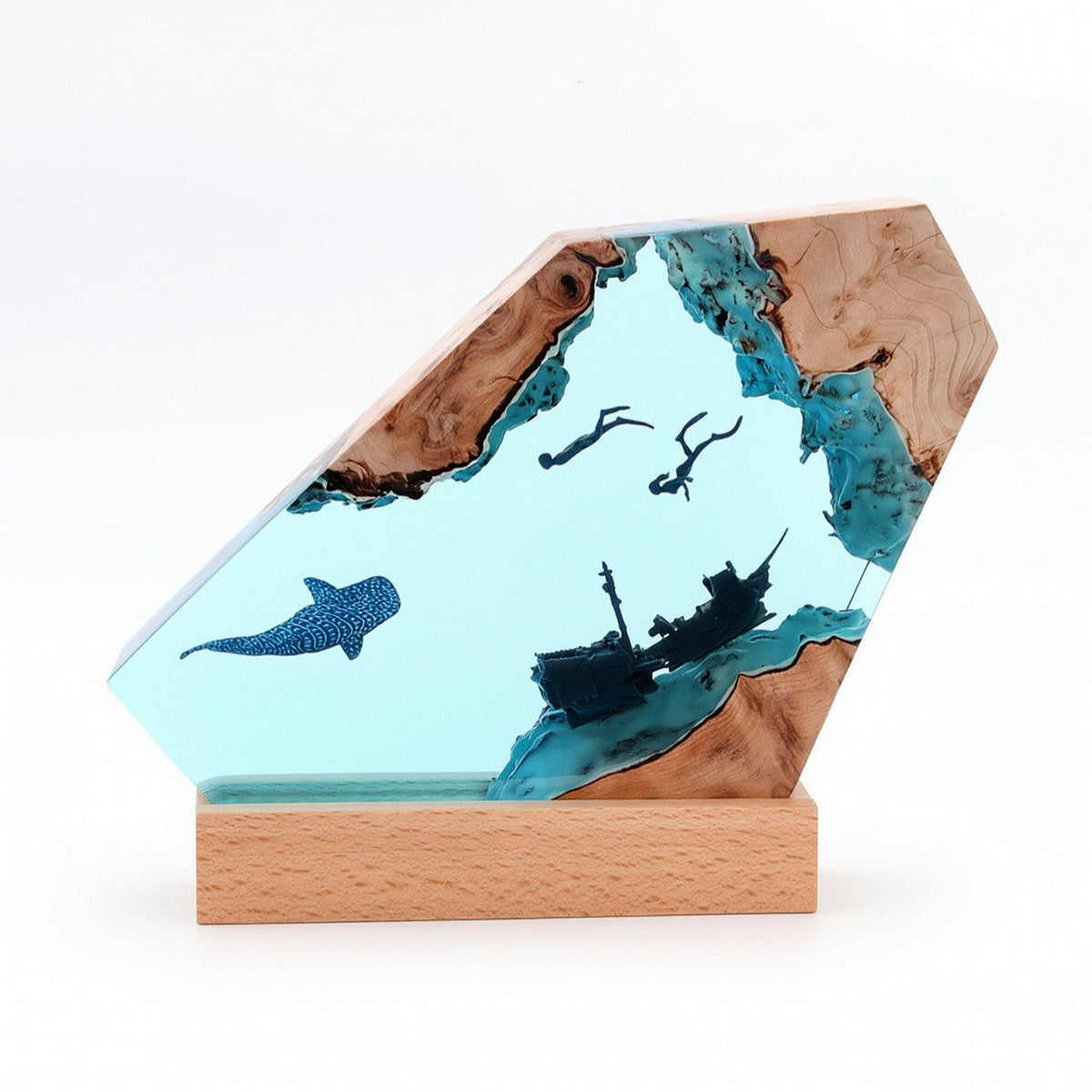 Decorative Resin Lamp with Wood Base Artisanal Wood Resin Lamp Unique Light with Wooden Base Compact for Gift Shoppers, Bedside Table