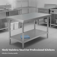 Easy to Clean Stainless Steel Work Table Commercial Kitchen Prep Table High Load Capacity Metal Food Prep Station Brushed Finish for Restaurant Crew, Warehouse Workers, Home Cooks, Workshop, Garage, Laundry Room