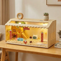 Hamster Cage Wooden Hamster Villa, Luxury Syrian Hamster House, 2-Tier Rectangular Indoor Pet Cage with Top-Opening Access and Exercise Wheel