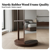 Solid Wood Frame Swivel Mirror with Clothes Hanger Multifunctional Design Rotating Organizer with Mirror Space Saving Bedroom Furniture Storage Shelves for Apartment Dwellers, Homeowners, Adults, Dressing Room, Entryway, Hallway, Cloakroom