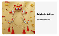 God of Wealth Hair Crown Dangling Coins Chinese New Year Hair Crown Set Red Tassel Decorative Puff Headdress for Event S