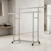 Clothes Rack with Shoe Shelf Extendable Double Rail Clothes Rack Heavy Duty for Bedroom, Laundry Room, Balcony