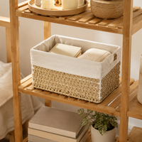 Lined Toy Storage Basket, Paper Rope Woven Storage Basket for Shelves, Rectangular Colour Block Organiser with Cut-Out Handles