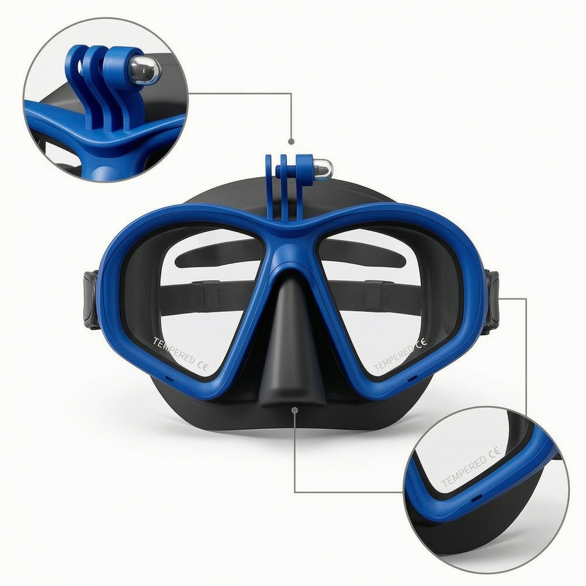 Tempered Glass Diving Mask with Camera Mount Dual Lens Snorkeling Mask with Camera Mount Anti-Fog Goggles Soft Silicone for Snorkelers, Divers, Freedivers, Underwater Photography, Freediving