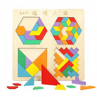 Tangram Block Mind Game Set Early Education Quadruple Challenge Set Wooden Mind Game Board Geometric Pattern Blocks Encourages
