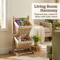 Wooden Ladder Shelf with Woven Baskets, Freestanding Organizer Bin for Book Storage, Toy Storage, Home Office