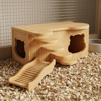 Stepped Platform Hamster Hideout House Natural Wood Wooden Hamster House Polished Finish Bear Cutout Hideout Rounded Edges for Enclosure Interior