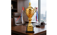 Gold-Colored Trophy Cup with Lid Lidded Trophy Cup with Name Plates Metal Award Engravable for Winners, Athletes, Students, Sports Tournaments