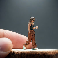 Holding Coffee Cup Woman Statue Collectible 1:64 Scale Resin Figure High Detail Walking Woman Figure for Collectors, Diorama, Desk Display