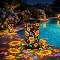 Waterproof Hollow Metal Projection Lantern Wrought Iron Solar Powered Pattern Light Outdoor Lighting for Pathway