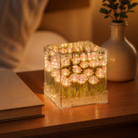 Rose Lamp with Acrylic Cube Floral Rose Night Light Flower Night Light Transparent Flower Lamp Decorative for Bedroom, Desk