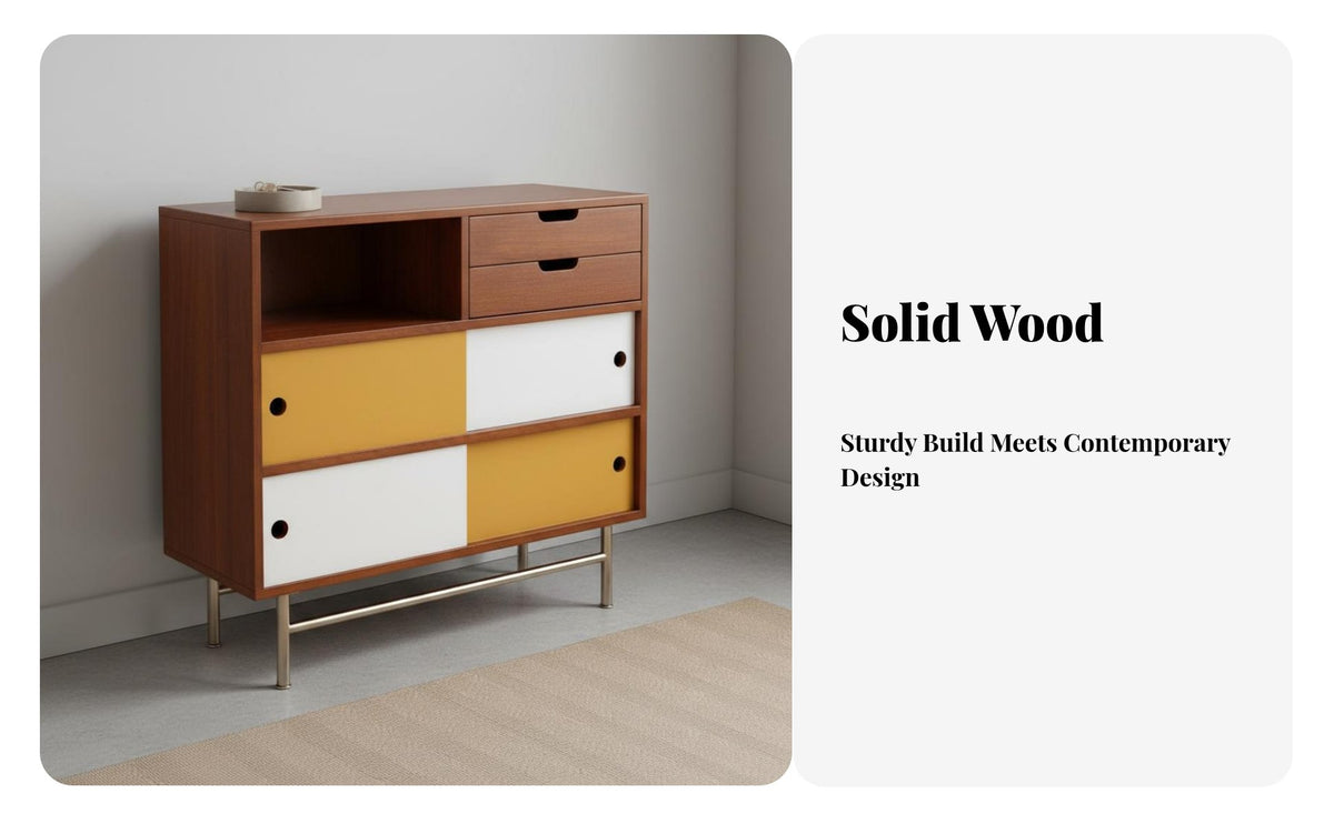 Wooden Sideboard with Sliding Doors Solid Wood Color Block Storage Cabinet Space Saving Mid-Period Modern Sideboard for Living Room, Hallway, Kitchen