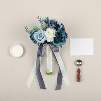 Realistic Look Blue and Ivory Blossom Flower Arrangement Elegant Design Faux Blossom Wedding Flower Arrangement Long-Lasting Keepsake Handheld Flower Arrangement Reusable for Brides, Bridesmaids, Photography Prop, Party, Home Decor