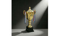 Trophy with Lid Gold-Colored Trophy with Ribbons Award Cup Polished Lidded for Winners, Ceremonies, Contests