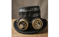 Bronze Accents Steampunk Top Hat Layered Brim Goggle Top Hat Braided Trim Headpiece Gears Decoration