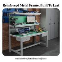 Heavy-Duty Construction Anti-Static Work Table Adjustable Feet Workbench with Shelves and Light Built-in Power Outlets Assembly Line Station for Laboratory Personnel, Factory, Laboratoryoratory Oratory