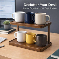 Wooden Desk Shelf Organizer, 2 Tier Display Shelf for Cups, Small Desk Storage Rack for Home Office, Desktop Display Shelf