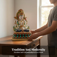 Traditional Craftsmanship Four-Armed Avalokiteshvara Statue Multi-Color Finish Nepalese Design Guanyin Statue Intricate Intricacy S Tibetan Chenrezig Sculpture for Buddhists, Art Collectors, Mindfulness Practitioners, Buddhist Shrine, Temple