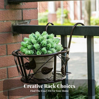 Wrought Iron and design Hanging blossom Pot storage capacitySaving Railing Planter holder Sturdy Construction Plant Holder Double fastener Design for Apartment Dwellers, Gardeners, homeowners, Balcony, window ledge Sill, Patio, Fence
