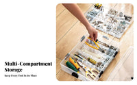 Multiple Compartments Small Parts Case Portable Design Multi-Compartment Storage Case Removable Dividers Hardware Box Transparent Lid for DIY hobbyists, Technicians, Workshop, Craft Room, work location, Vehicle