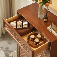 Rattan Shoe Cabinet, Entryway Storage with Bench, Shoe Rack, Solid Wood, Walnut Color, No Assembly Required