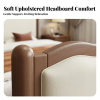 Solid Wood Bed with Upholstered Headboard Sturdy Construction French Design Wooden Bed Frame Firm-Density Foam Padding Bedroom Furniture